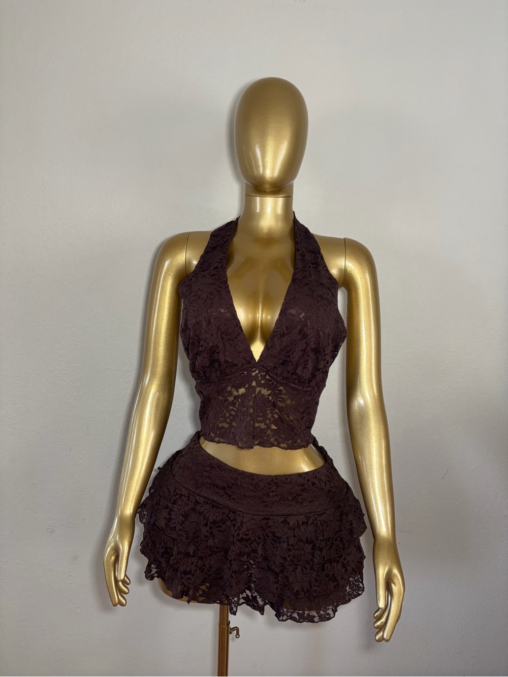 Lace Halter Crop Top and Skirt Set - Brown